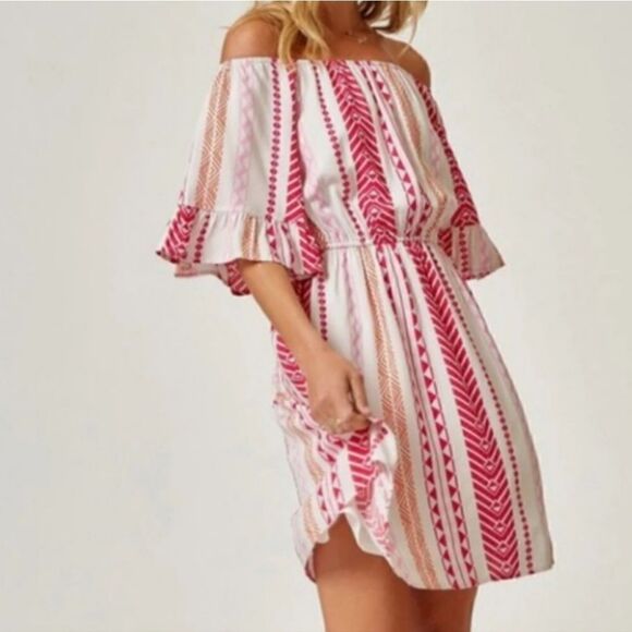 Emily Wonder NWT Pink Ruffle Elastic Geometric Print Casual Dress 1X - Picture 3 of 11